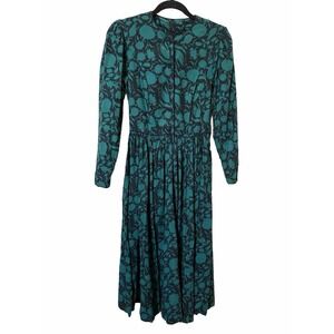 Vintage Laura Ashley Dress Green Black Floral Cotton Wool Cottagecore 80s 90s